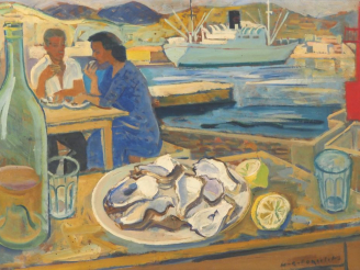 Vente aux enchères PONCELET.  "Dégustation d'huitres à Port Vendres" Huile sur isorel, si
