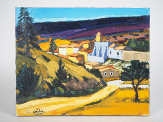 Vente aux enchères JC. QUILICI.  "le village d'Aurel" Huile sur toile, signée en bas à ga