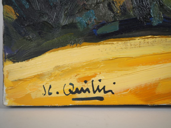 JC. QUILICI.  "le village d'Aurel" Huile sur toile, signée en bas à ga