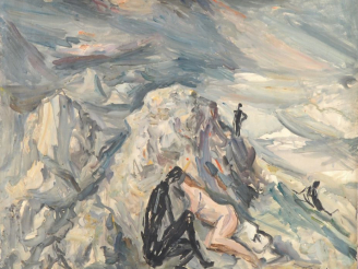 Vente aux enchères E. SABOURAUD.  "Couple dans un paysage fantastique" Huile sur toile, s