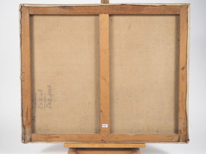 E. SABOURAUD.  "Couple dans un paysage fantastique" Huile sur toile, s