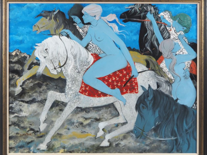 Daniel SCHINTONE.  "chevauchée" Huile sur toile, signée en bas à gauch