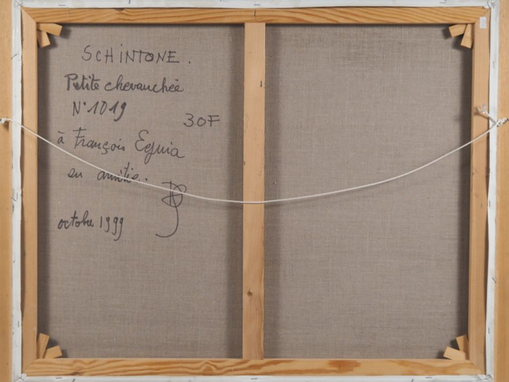 Daniel SCHINTONE.  "chevauchée" Huile sur toile, signée en bas à gauch