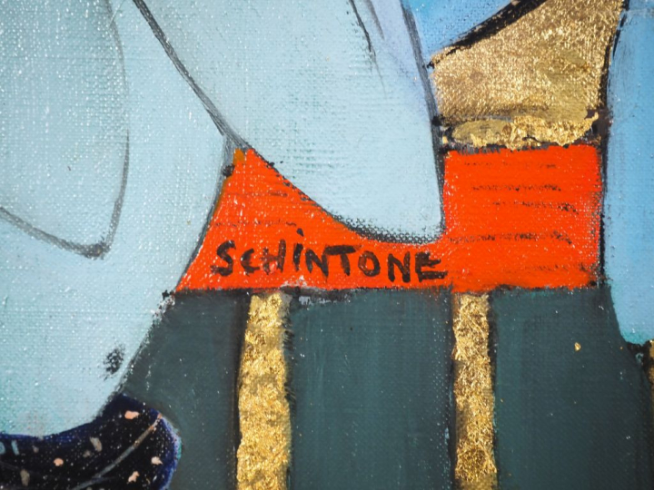 Daniel SCHINTONE.   "ou sont les masques" Huile sur toile, signée en b