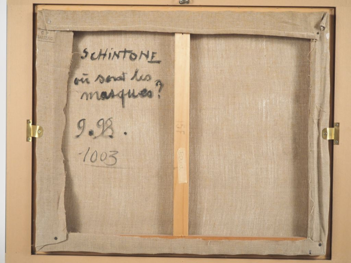 Daniel SCHINTONE.   "ou sont les masques" Huile sur toile, signée en b