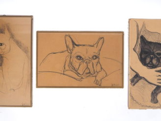 Vente aux enchères SPILLMANN.  "le bouldogue" 3 différents dessins, signés en bas à droit