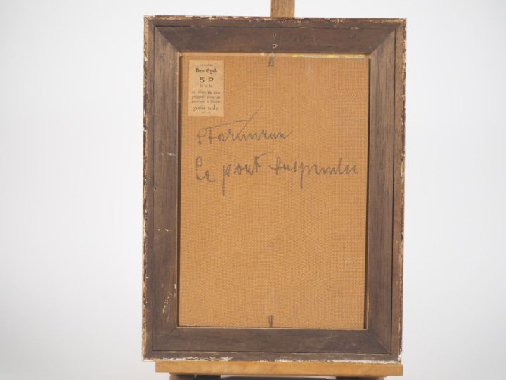 STARKMANN.  "Le pont suspendu" Huile sur panneau, signée en bas à gauc