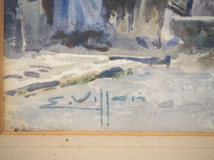 E. VILLAIN.  "A la fontaine du village" Aquarelle, signée en bas à gau