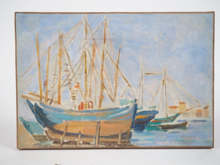 Ecole française XXème. "le port" Huile sur toile Dim. 24 x 35 cm