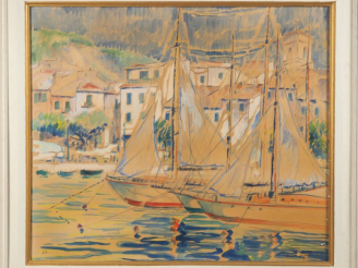 Vente aux enchères Ecole française XXème.   "Cassis" Aquarelle, signée et située en bas à