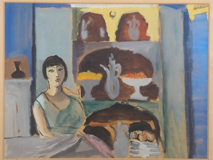 Ecole française XXème. "jeune femme dans sa cuisine" Aquarelle      Di