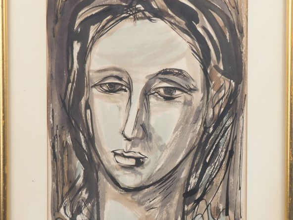 Ecole française Xxème.  "Portrait de jeune femme" Aquarelle et encre s