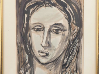 Vente aux enchères Ecole française Xxème.  "Portrait de jeune femme" Aquarelle et encre s