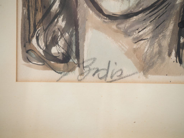 Ecole française Xxème.  "Portrait de jeune femme" Aquarelle et encre s