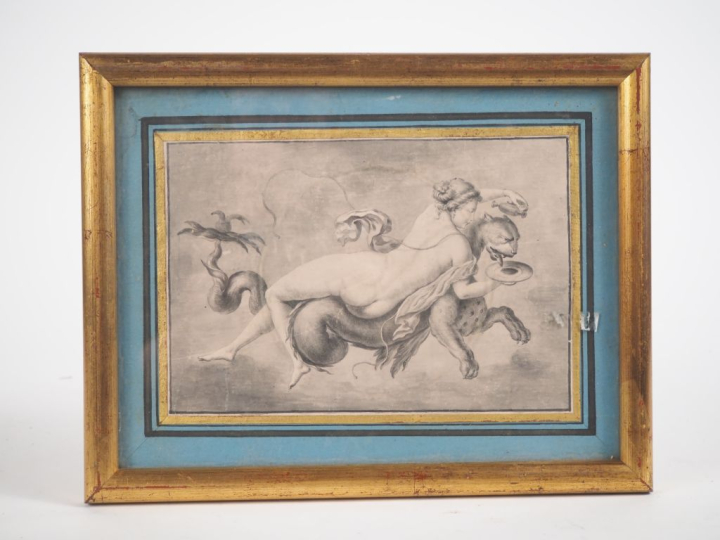 Ecole française XVIIIème.  "Divinité et sphinge" Dessin au lavis Dim. 