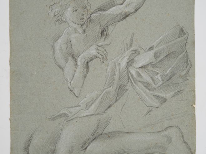 Ecole italienne XVIIème. "Etude" Dessin au fusain et rehauts de craie 