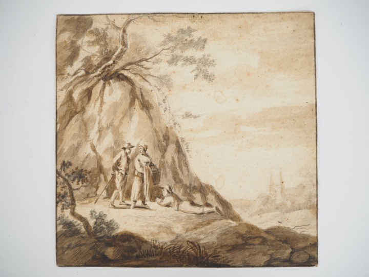 Ecole du Nord XVIIème. "Personnages sur un promontoire" Dessin au lavi