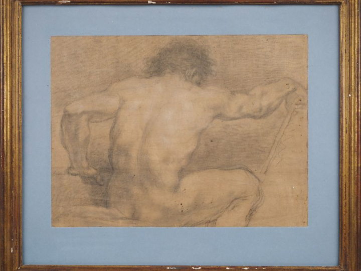 Ecole bolonaise XVIIème. "Etude d'homme nu, assis de dos" Dessin au fu