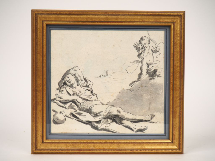 NOVELLI. (attribué à). "L'amour endormi" Dessin à la plume et au lavis