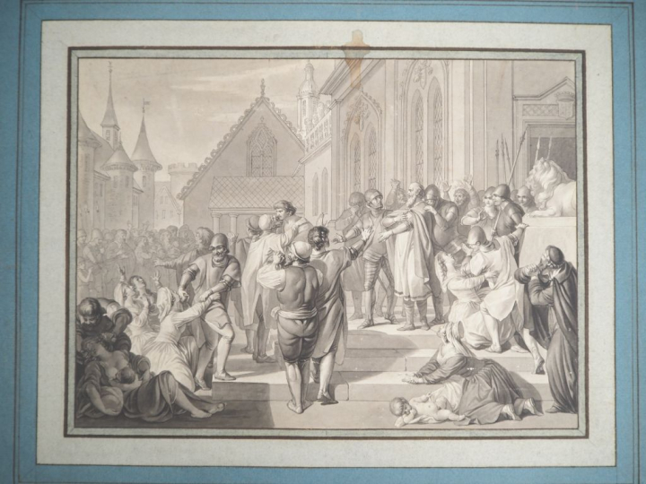 Ecole française XIXème. "Scène d'histoire" Dessin au lavis Dim. 20,5 x