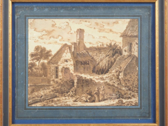 Vente aux enchères Jean Georges WILL.  "Personnages devant la chaumière" Dessin au lavis,