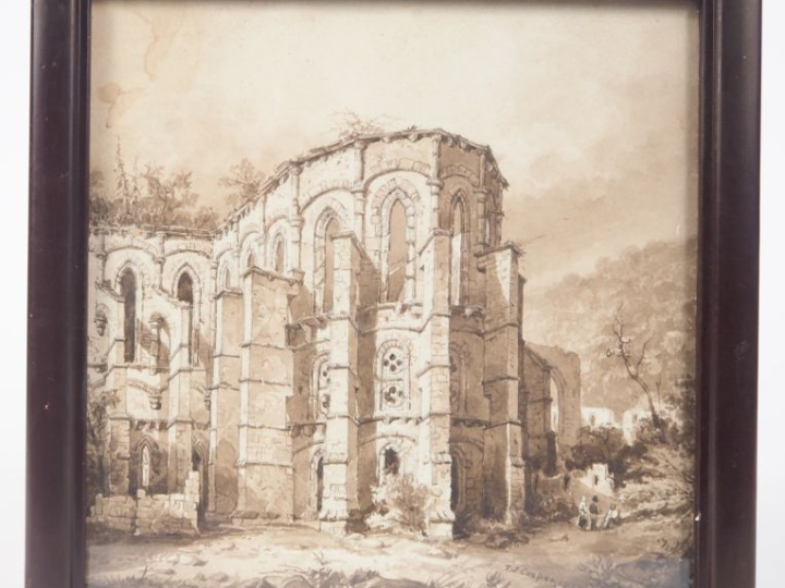 Ecole française XIXème. "personnage devant le clocher d'une église en 