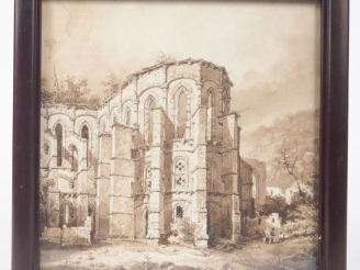 Vente aux enchères Ecole française XIXème. "personnage devant le clocher d'une église en 