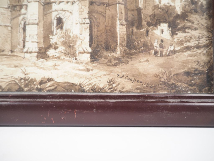 Ecole française XIXème. "personnage devant le clocher d'une église en 