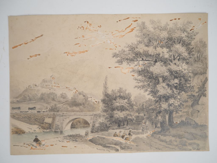 Ecole française XIXème.  "Paysage animé" Dessin au crayon Dim. 25 x 36