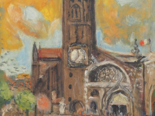 A. F. ROUX.  "Toulouse, la place et la cathédrale St Etienne"  Huile s