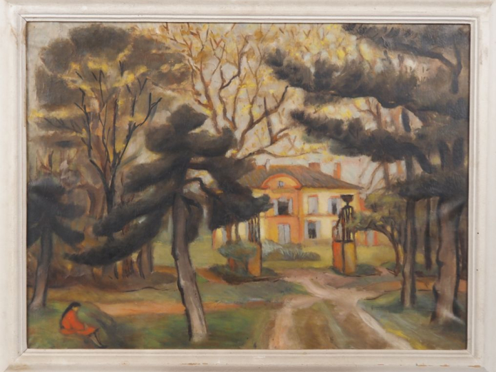 Ecole française XXème.  "jeune femme dans un parc" Huile sur toile  Di