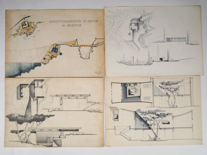 Exceptionnel ensemble de 11 plans d'architectes des années 70 : plans,