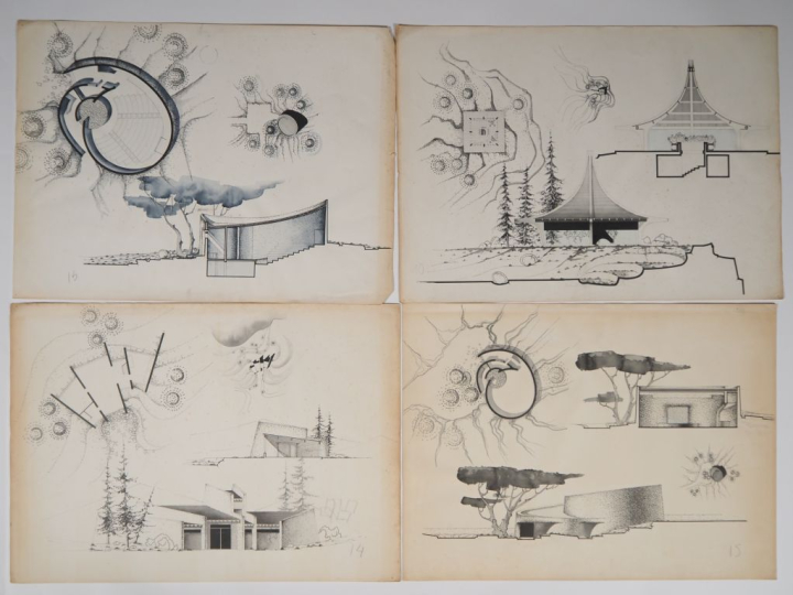 Exceptionnel ensemble de 11 plans d'architectes des années 70 : plans,