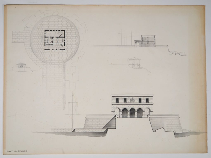 PINET Atelier Dengler.  5 plans projets d'architecture.  Encre, lavis,