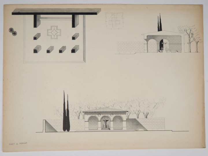 PINET Atelier Dengler.  5 plans projets d'architecture.  Encre, lavis,