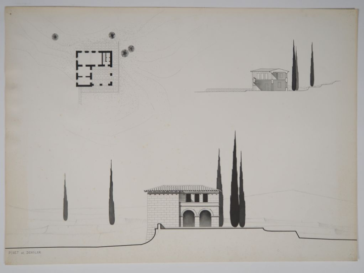 PINET Atelier Dengler.  5 plans projets d'architecture.  Encre, lavis,