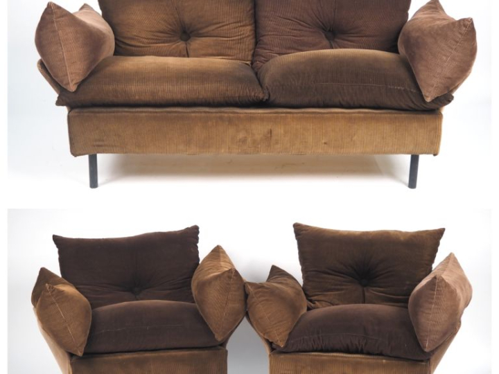 Mobilier de salon 1970 en velours marron, piétement métallique laqué n