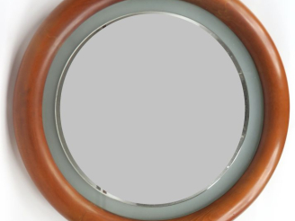 Vente aux enchères Miroir électrifié 1970, cadre en bois teinté.  Diam. 73 cm
