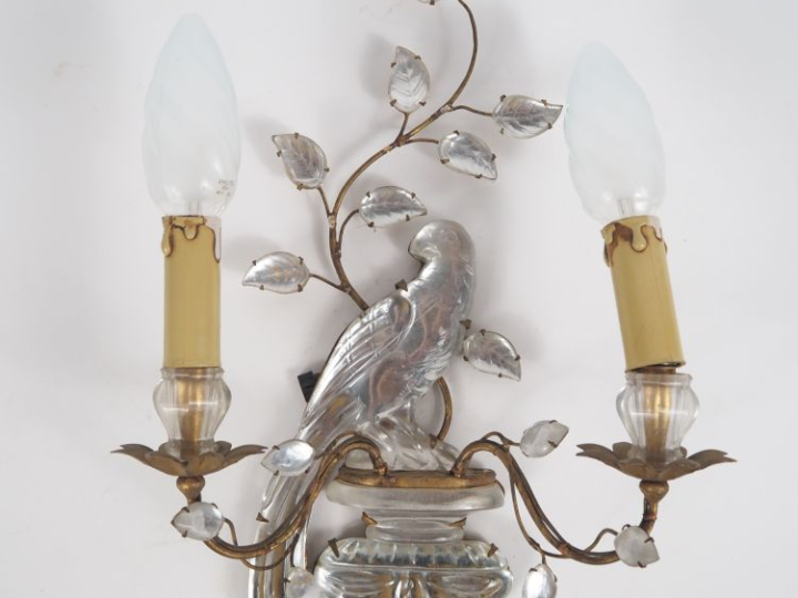 BAGUES.  Applique en verre et laiton à décor de perroquet.  Eclairant 