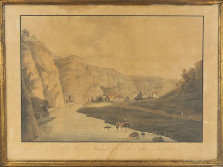 Gravure en couleurs XIXème par Wizani.  "vue du moulin dit Buschmuhle 