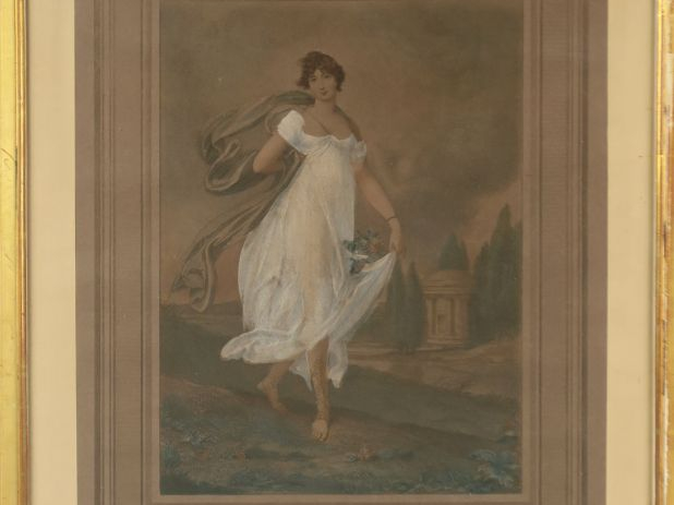 Paire de gravures en couleurs "Lady Heath cote" et "Miss Jerningham".