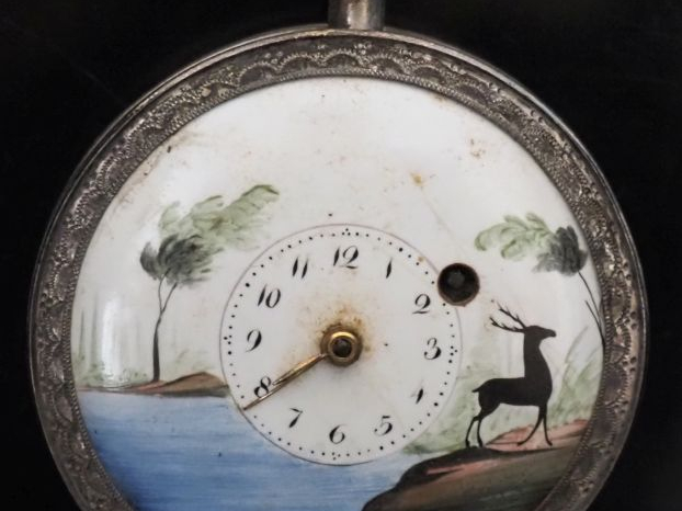 Montre de gousset à coq en argent début XIXème.  Cadran, à décor émail