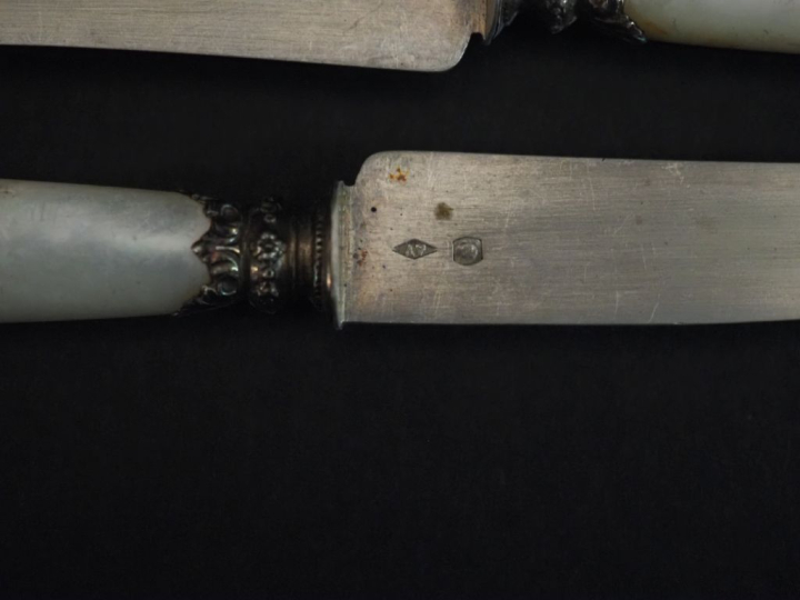 Suite de dix-huit couteaux à fruits lame argent 925, poinçon Minerve, 