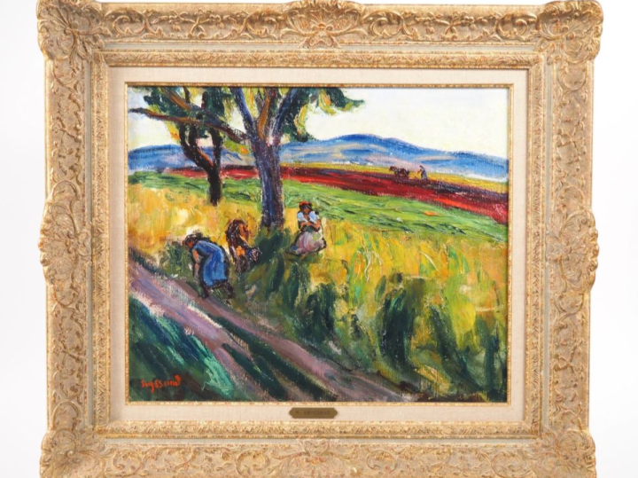 René SEYSSAUD (1867-1952) « Cueillette en bord de route ». Huile sur t