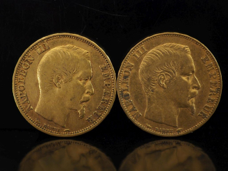 Vente aux enchères Deux pièces de 20 Francs or, 1853-A et 1854-A.  FRAIS ACHETEURS 10% HT