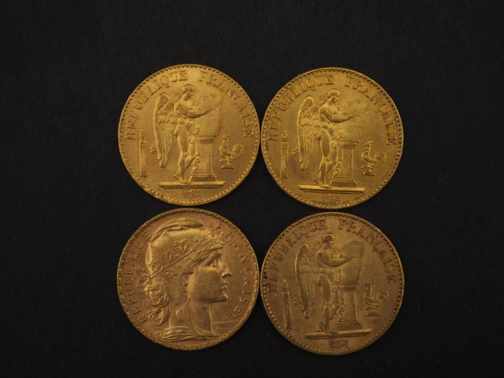 Quatre pièces de 20 Francs or, 1875-A, 1876-A, 1878-A et 1904.  FRAIS 