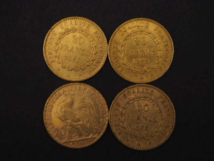 Quatre pièces de 20 Francs or, 1875-A, 1876-A, 1878-A et 1904.  FRAIS 