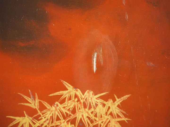 DUC MINH (mort en 1964) Panneau en laque à décor en rouge, brun, or d'