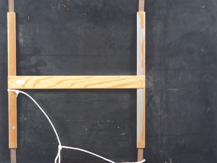 DUC MINH (mort en 1964) Panneau en laque à décor en rouge, brun, or d'