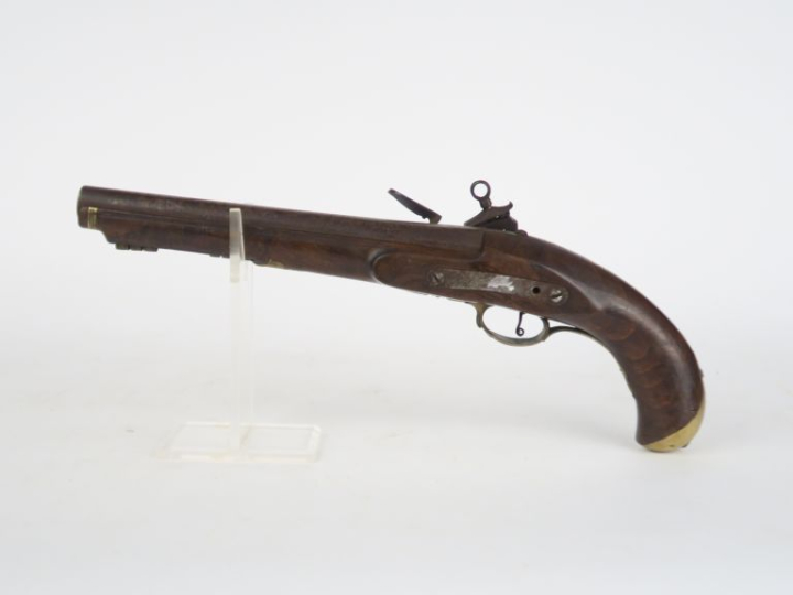 Pistolet à silex d’officier espagnol.  Canon rond à pans au tonnerre. 